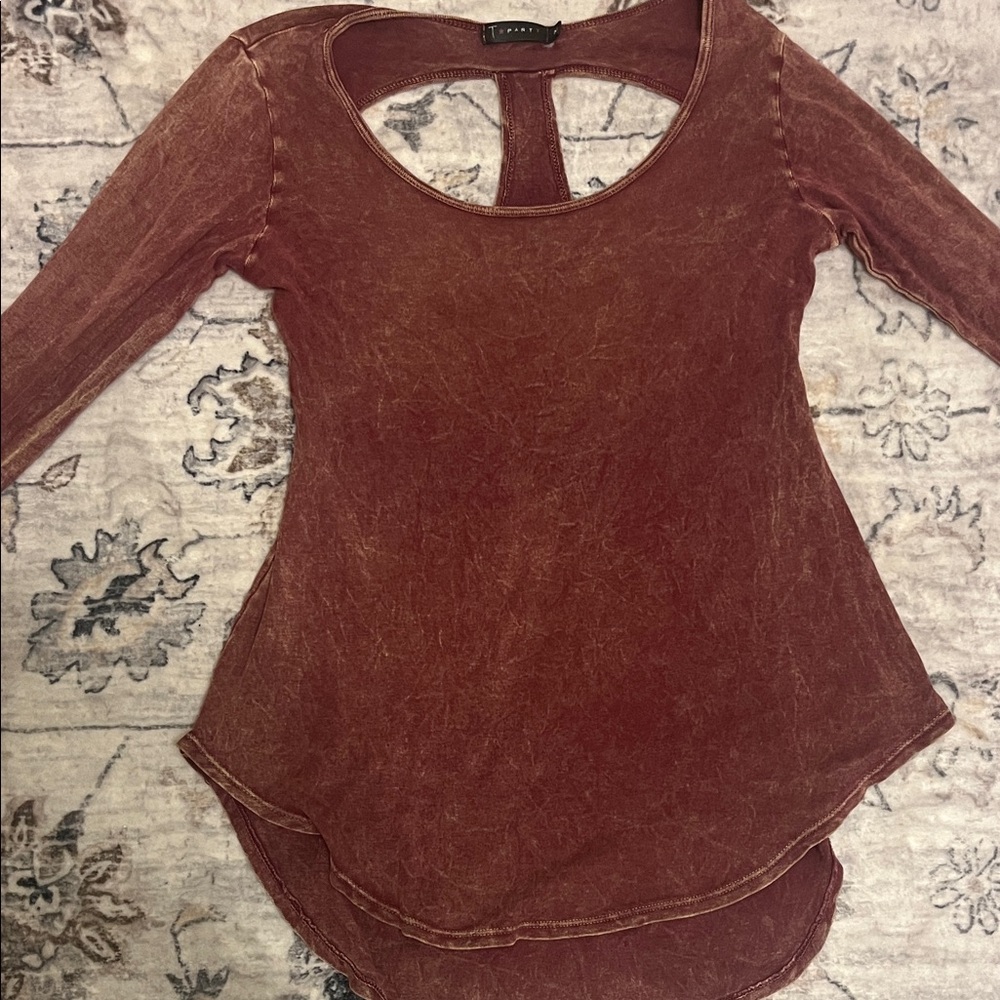 T Party Fashion Washed Burgundy Long Sleeve Top with Back Keyhole Detail